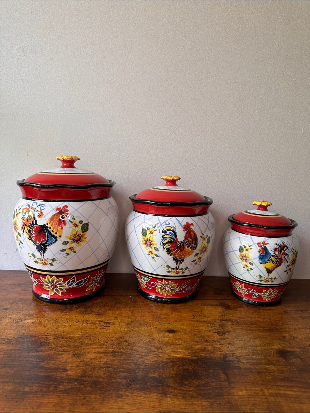 Discontinued Certified International Rooster Lattice Floral Canister Set-3Pieces
